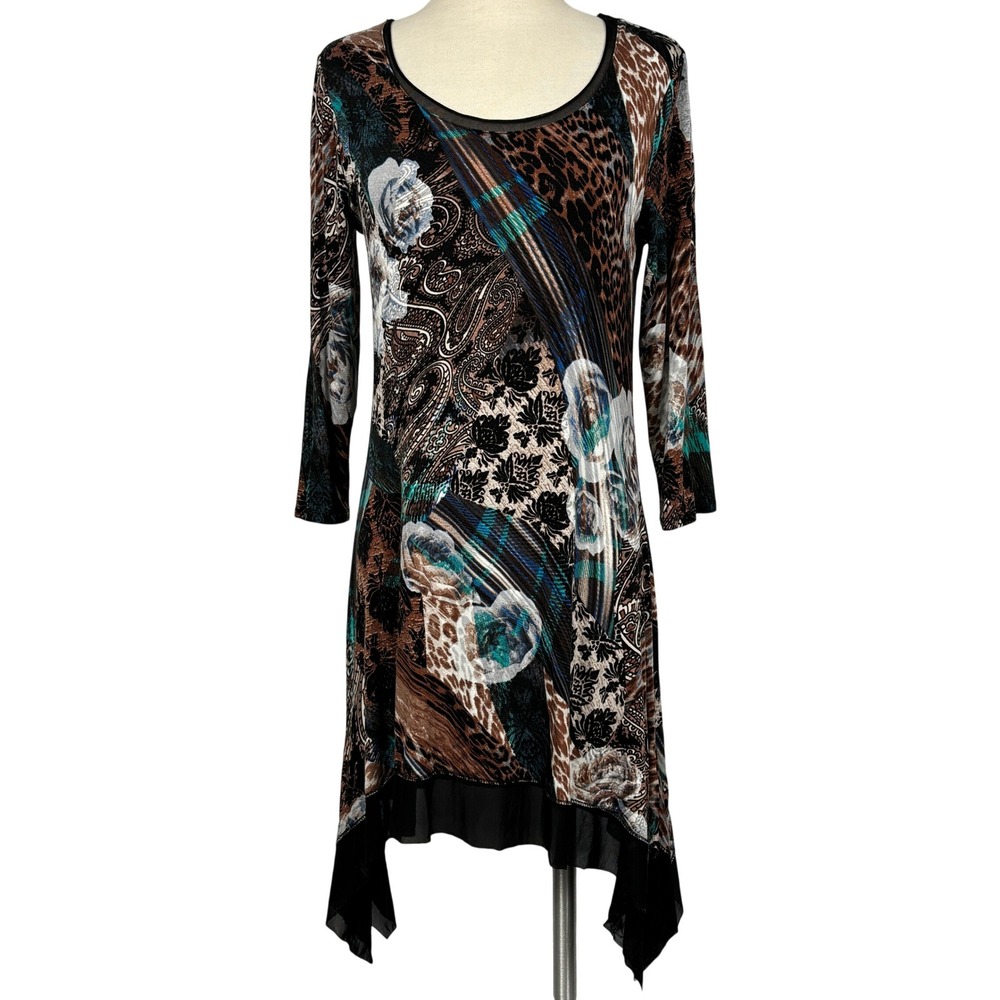 Cybio Small Boho Tunic Dress Sharkbite Hem Mesh Leopard Floral Patchwork